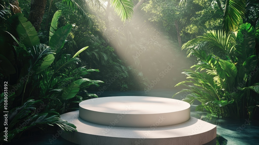 Two-tiered platform in lush tropical jungle. Two-tiered platform in lush tropical jungle.