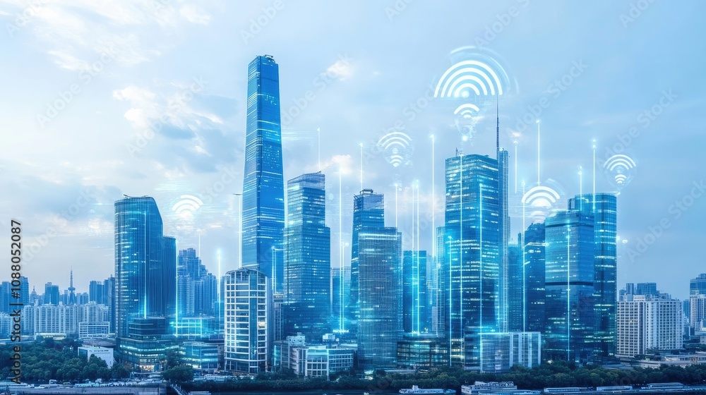 Naklejka premium Smart city skyline with wireless network connection.