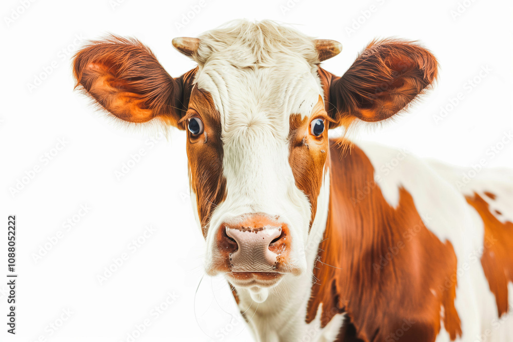 Surprised cow with goofy face mooing and looking at camera, isolated on white background. Close up portrait of funny animal. Surprised cow with goofy face mooing and looking at camera, isolated on white background. Close up portrait of funny animal.