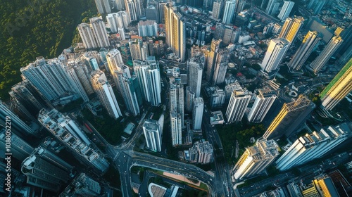 Aerial view of dense urban cityscape at sunset.