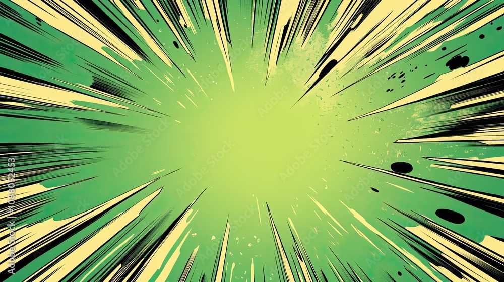 Obraz premium Abstract green radial burst background with black lines and grunge texture.