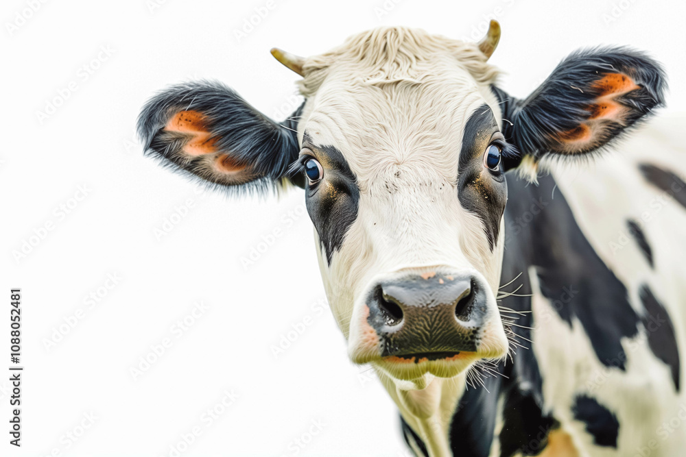 Surprised cow with goofy face mooing and looking at camera, isolated on white background. Close up portrait of funny animal. Surprised cow with goofy face mooing and looking at camera, isolated on white background. Close up portrait of funny animal.