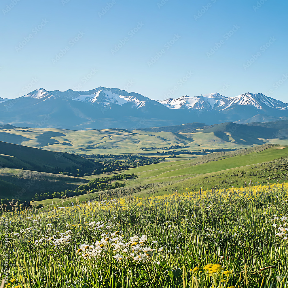 Fototapeta premium Majestic Mountain Landscape with Lush Green Fields and Wildflowers Under Clear Blue Sky, Capturing the Serenity of Nature's Beauty in a Picturesque Setting