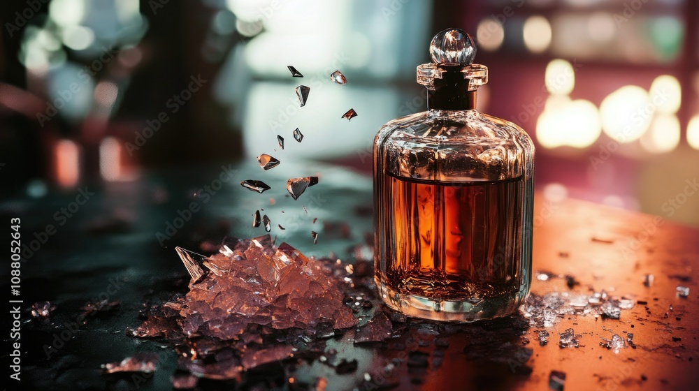Shattered glass bottle of amber liquid on dark surface. Shattered glass bottle of amber liquid on dark surface.