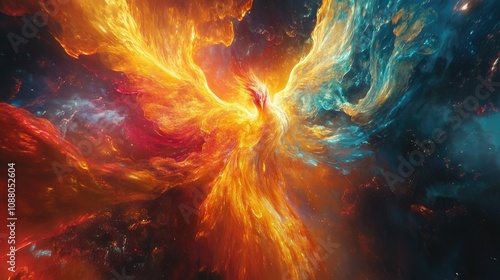 Fiery, icy phoenix rising from cosmic nebula.