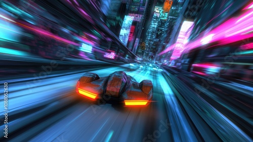 Futuristic vehicle speeding through vibrant neon city at night.