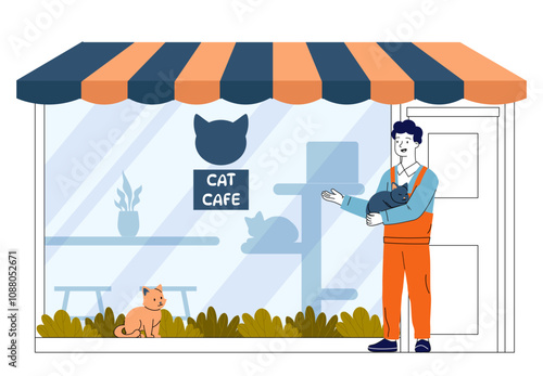 Man near cat cafe. Young guy near restaurant or catering service. Patio near cafeteria with pets and domestic animals. Linear vector illustration