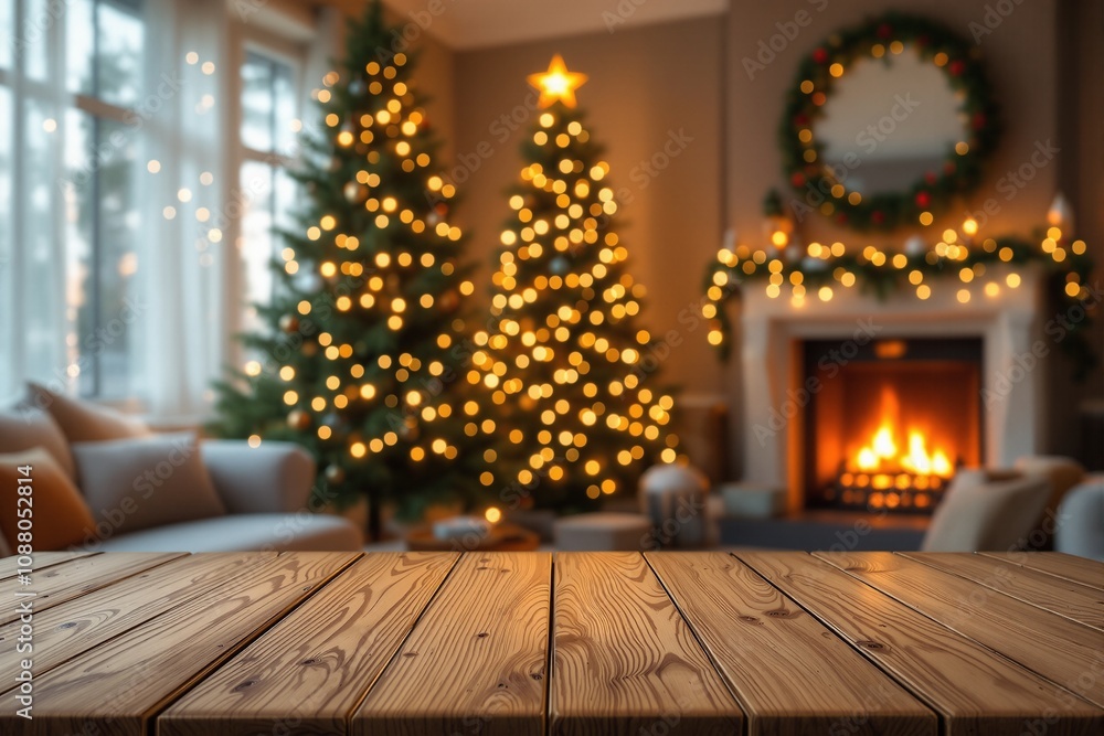 Cozy Christmas Living Room with Glowing Trees and Warm Fireplace Cozy Christmas Living Room with Glowing Trees and Warm Fireplace