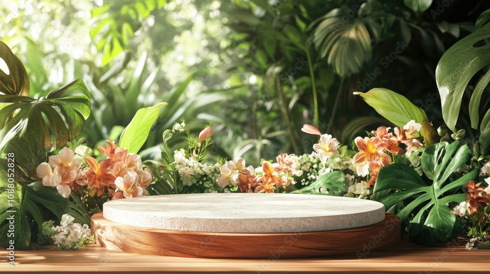 Tropical floral display with round wooden and stone podium. Tropical floral display with round wooden and stone podium.