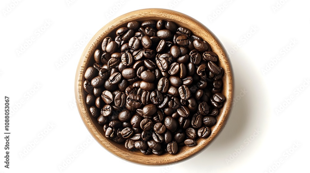Fototapeta premium Wooden bowl filled with dark roasted coffee beans, perfect for coffee shop menus, social media posts, and kitchen decor themes.