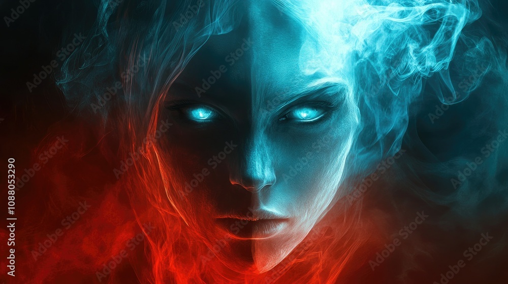 Fiery, icy female face emerging from smoke. Fiery, icy female face emerging from smoke.