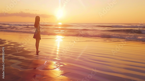 Serene Sunset at the Beach: Silhouette of a Young Woman Embracing Nature's Beauty with Gentle Waves and Warm Orange Light Over the Horizon