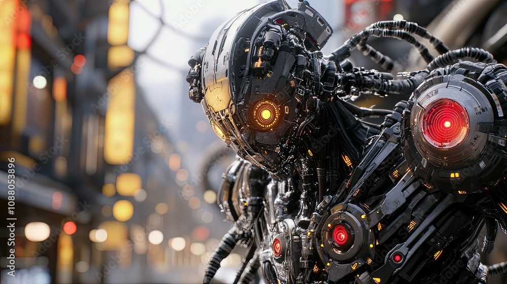 Futuristic robot in city.