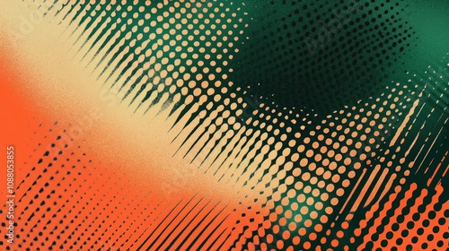 Abstract halftone pattern with orange and green gradients.