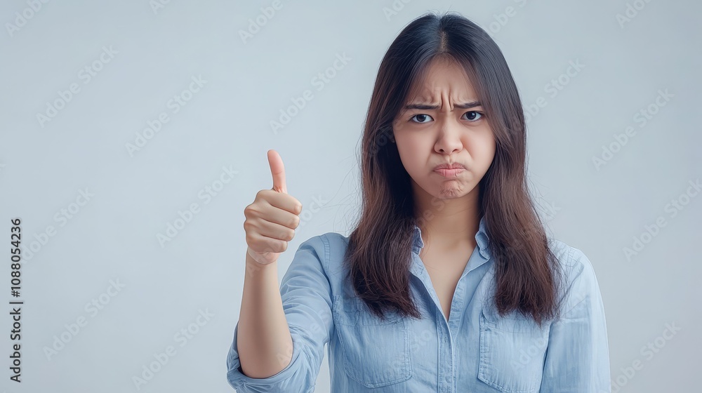 A woman giving a sarcastic thumbs down, expressing discontent, isolated on a white background A woman giving a sarcastic thumbs down, expressing discontent, isolated on a white background
