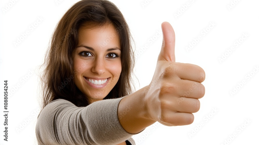 A woman giving a thumbs up, expressing approval and satisfaction, isolated on a white background A woman giving a thumbs up, expressing approval and satisfaction, isolated on a white background