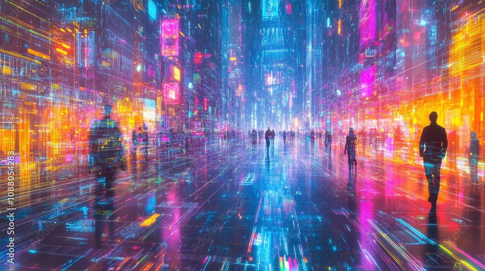 Futuristic city street with glowing neon signs and walking people. Futuristic city street with glowing neon signs and walking people.