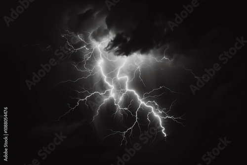 Thunder strike isolated on black background. Lightening.