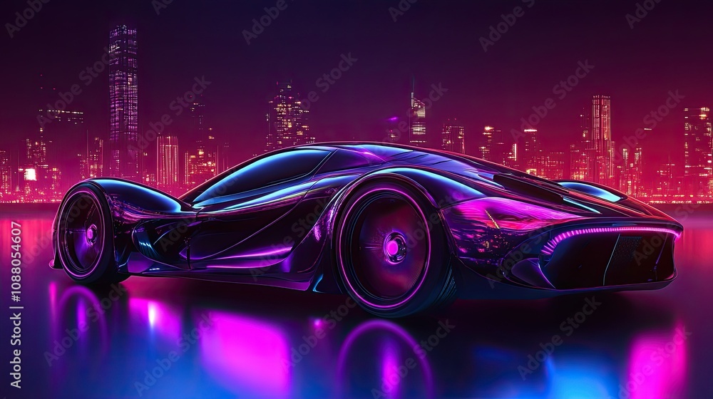 Futuristic sports car at night, neon city backdrop. Futuristic sports car at night, neon city backdrop.