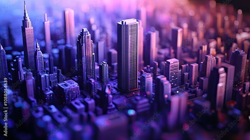 Obraz premium Futuristic city skyline at night, vibrant purple and blue tones.