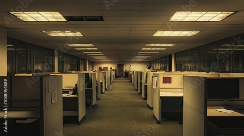 Empty office cubicles at night, dimly lit.