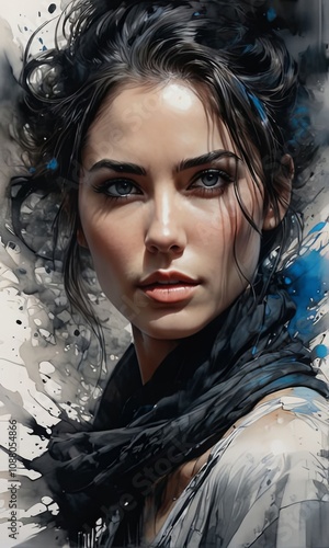 Dynamic depiction of a woman with enchanting features and a bold color palette, surrounded by paint splashes, ideal for creative projects, fashion, and modern art inspiration.