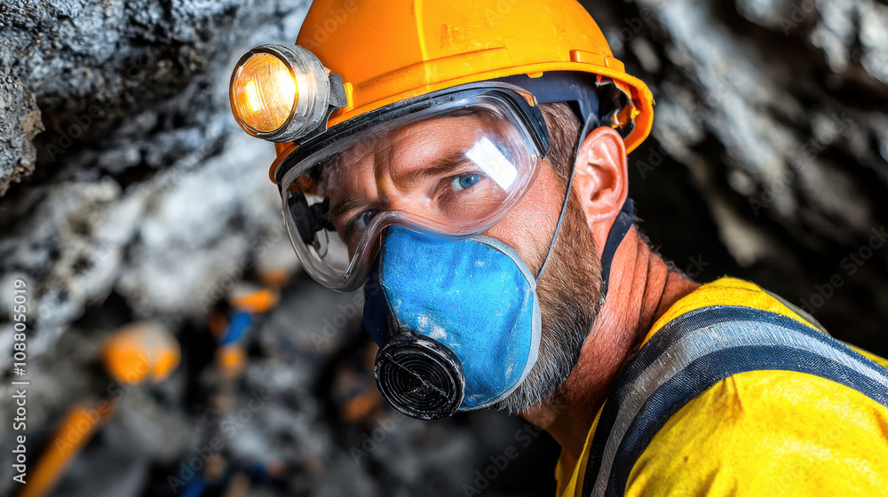 Obraz premium Miner wearing safety gear in underground tunnel