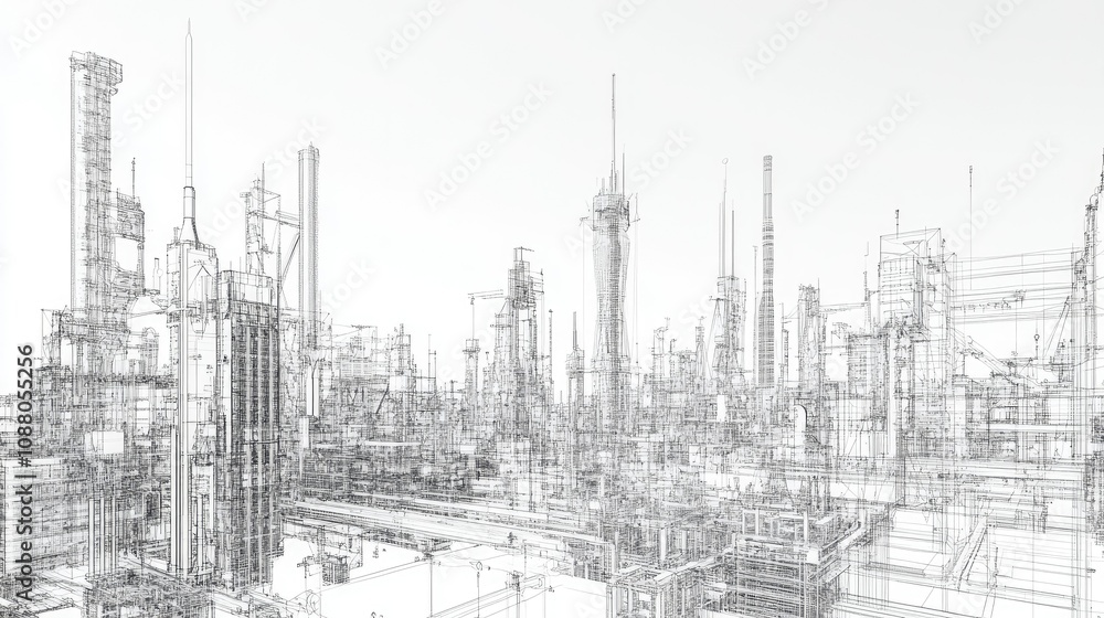Wireframe rendering of an industrial complex. Wireframe rendering of an industrial complex.