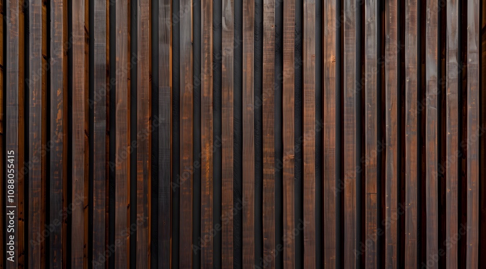 Naklejka premium A close-up view of a wooden wall with vertical slats in dark brown tones.