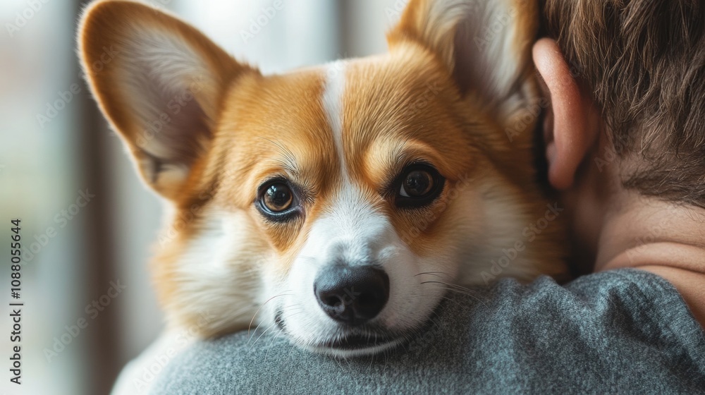 Corgi dog being held by owner looking at camera at the vet clinic, showcasing a moment of care and affection Corgi dog being held by owner looking at camera at the vet clinic, showcasing a moment of care and affection