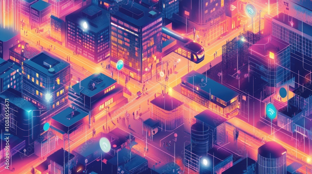 Obraz premium Isometric view of a vibrant, futuristic city at night with glowing buildings, streets, and transportation.