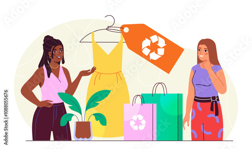 Woman with clothing recycling. Young girls with fashionable clothes made from recycled materials. Caring for ecology and environment. Flat vector illustration