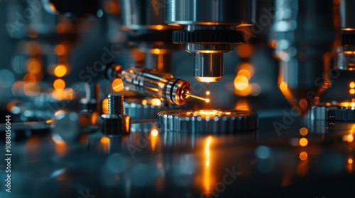 A detailed shot of nanosensors being applied in industrial equipment, monitoring temperature, pressure, and stress in real-time to prevent mechanical failures and improve efficiency