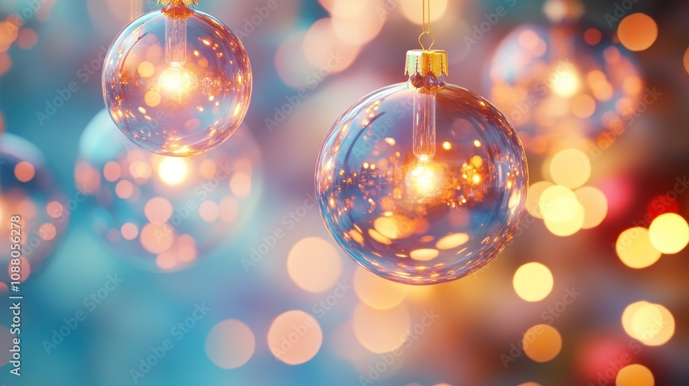 Glowing Christmas Ornaments Festive Arrangement on Pastel Blue and Orange Background With Bokeh. Glowing Christmas Ornaments Festive Arrangement on Pastel Blue and Orange Background With Bokeh.