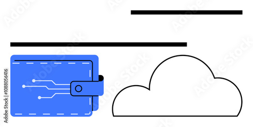 Blue digital wallet connected to a white cloud with circuitry lines. Ideal for fintech, cloud storage, digital transactions, online security, modern banking, data management, and technology