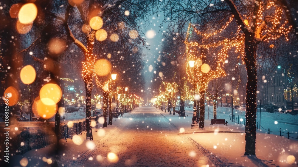 Snowy Night Street with Christmas Lights Snowy Night Street with Christmas Lights
