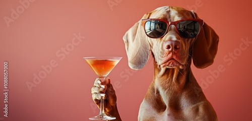 Vizsla in sunglasses, elegantly holding a martini for a fashionable look.