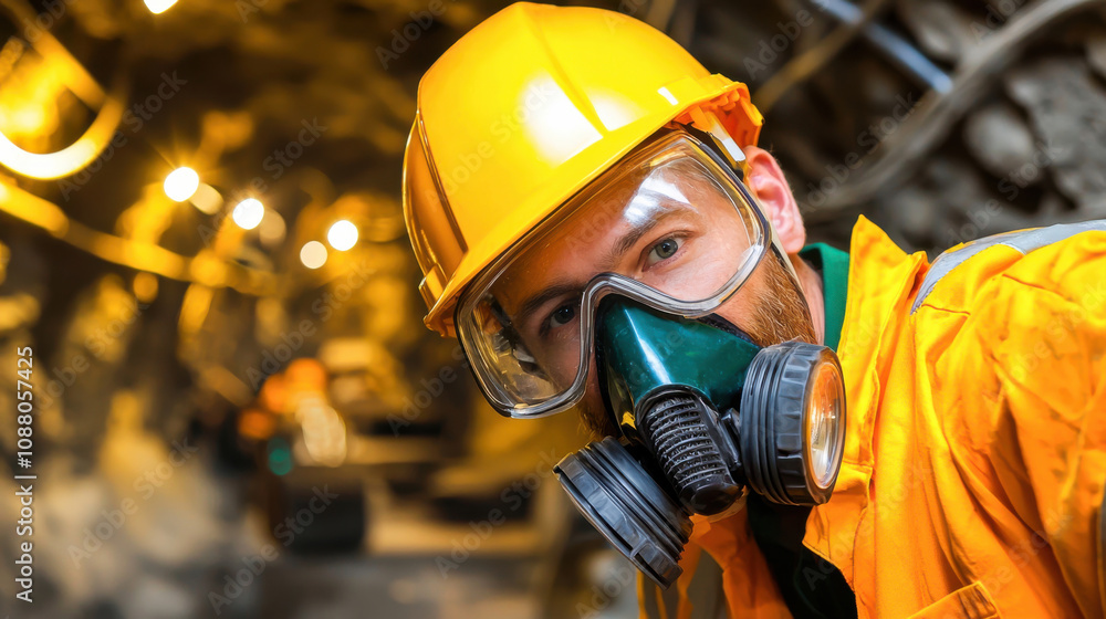 mining engineer inspects underground tunnel wearing safety gear, including helmet and gas mask, ensuring safety in hazardous environment mining engineer inspects underground tunnel wearing safety gear, including helmet and gas mask, ensuring safety in hazardous environment