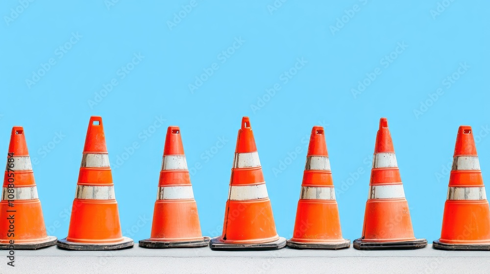A row of orange traffic cones against a blue background. A row of orange traffic cones against a blue background.