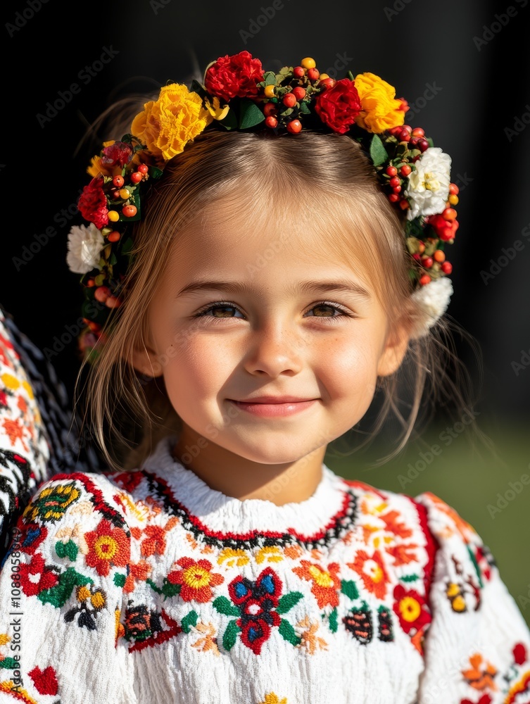 A cute girl in a traditional embroidered dress with flowers smiles in front of the camera at an outdoor event. A cute girl in a traditional embroidered dress with flowers smiles in front of the camera at an outdoor event.