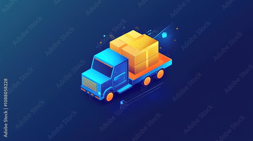 A simple and dynamic website icon representing a delivery truck, featuring a stylized truck with an open back compartment, visible box, and bright, attention-grabbing colors of blue and orange A simple and dynamic website icon representing a delivery truck, featuring a stylized truck with an open back compartment, visible box, and bright, attention-grabbing colors of blue and orange