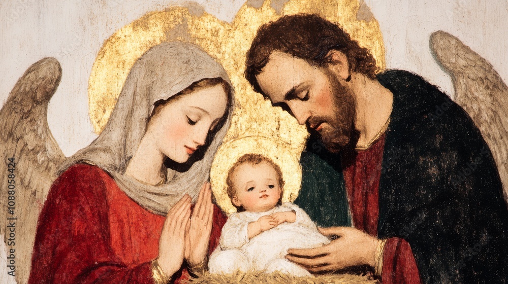 A painting depicting the Nativity, with the Holy Family and the Three Wise Men, in which the baby Jesus is the focus, surrounded by a radiant halo. A painting depicting the Nativity, with the Holy Family and the Three Wise Men, in which the baby Jesus is the focus, surrounded by a radiant halo.
