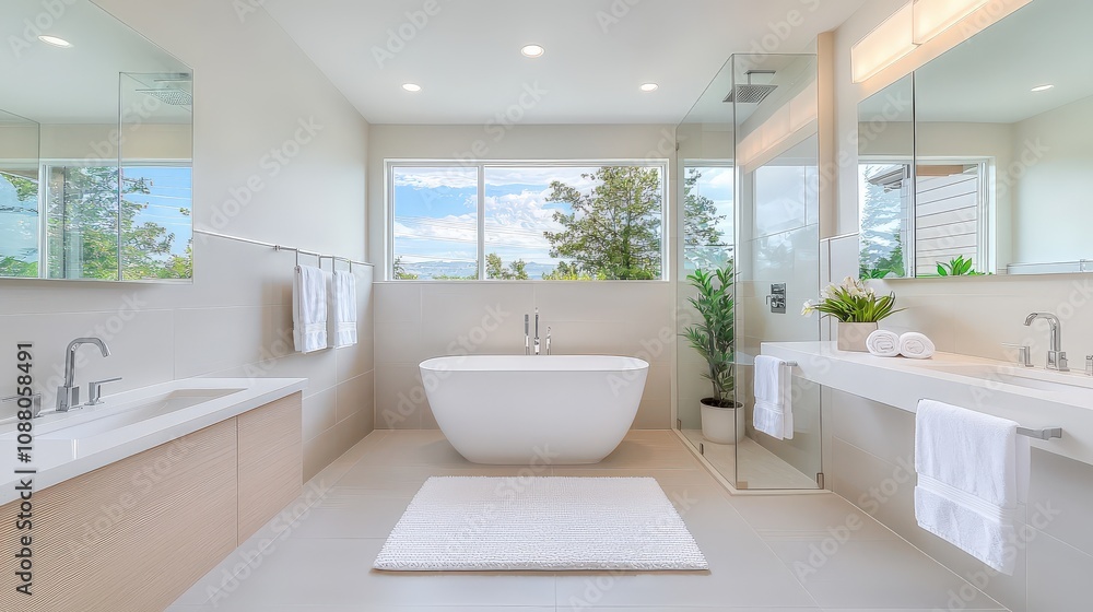 Modern bathroom design in a new home, featuring a rainfall showerhead, glass partition, and minimalistic decor. Modern bathroom design in a new home, featuring a rainfall showerhead, glass partition, and minimalistic decor.