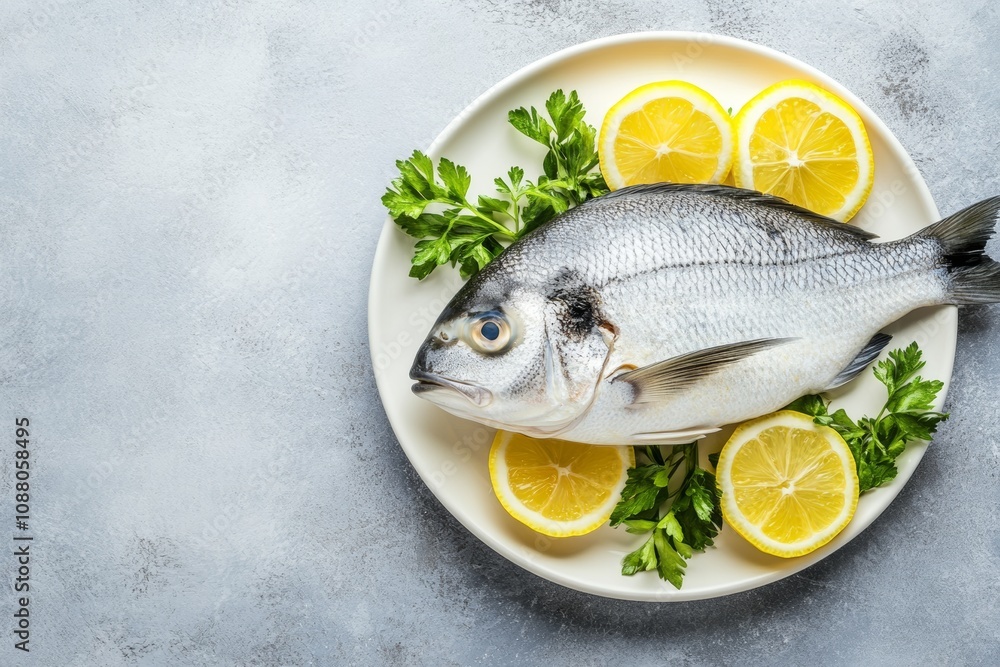 Fresh raw dorado fish garnished with herbs and lemon slices on a plate against a textured grey stone background Fresh raw dorado fish garnished with herbs and lemon slices on a plate against a textured grey stone background