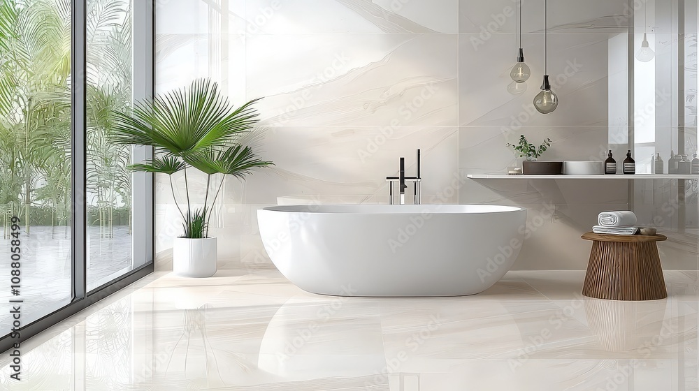 Modern bathroom in a new home, with a freestanding bathtub, glass shower, and marble tile accents. Modern bathroom in a new home, with a freestanding bathtub, glass shower, and marble tile accents.