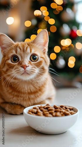 Ginger Cat with Curious Gaze Enjoys Holiday Meal, Festive Background with Christmas Tree photo