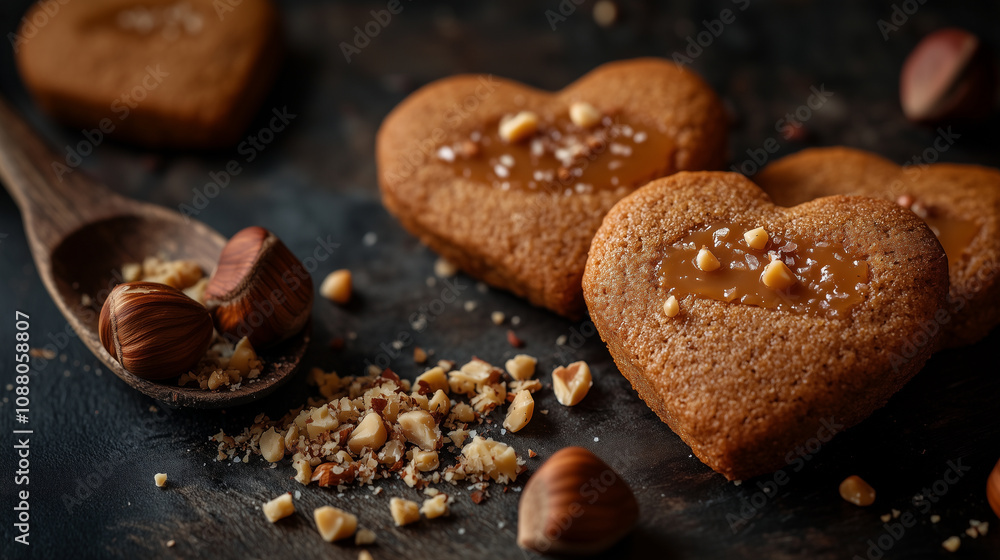 Fototapeta premium Heart-Shaped Hazelnut Cookies with Caramel Topping