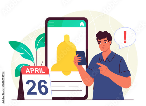 Man with reminder. Young guy with smartphone with bell and calendar. Time management, planning and scheduling. Alarm and notification. Flat vector illustration