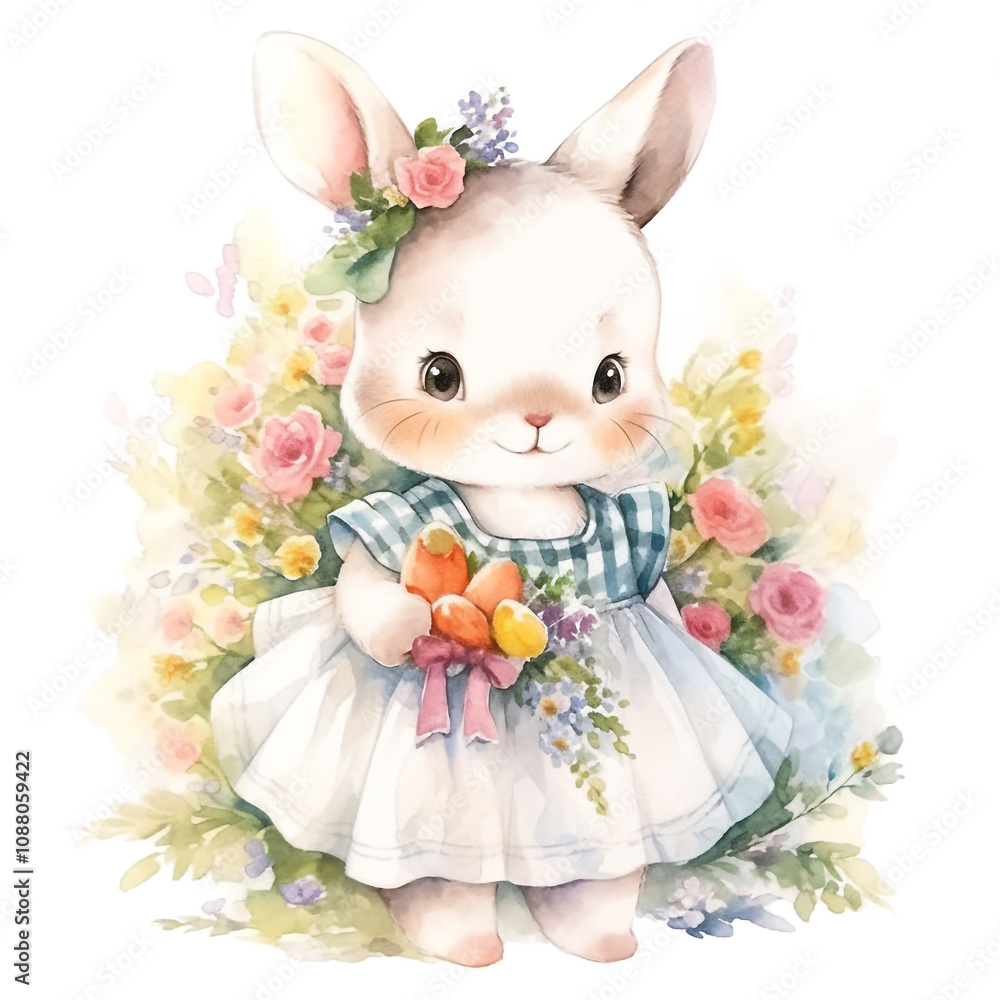 Obraz premium 優しい水彩タッチの花とうさぎ