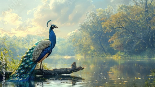 Majestic peacock perched on a log by a serene lake at sunrise, surrounded by autumnal trees.